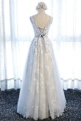 A Line Round Neck Sleeveless Lace Grey/Pink/Champagne Semi Formal Prom Dresses, Lace Formal Dresses, Evening Dresses